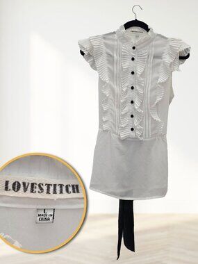 Love Stitch Blouse Sz Large White Pleated Ruffle Sleeveless Victorian